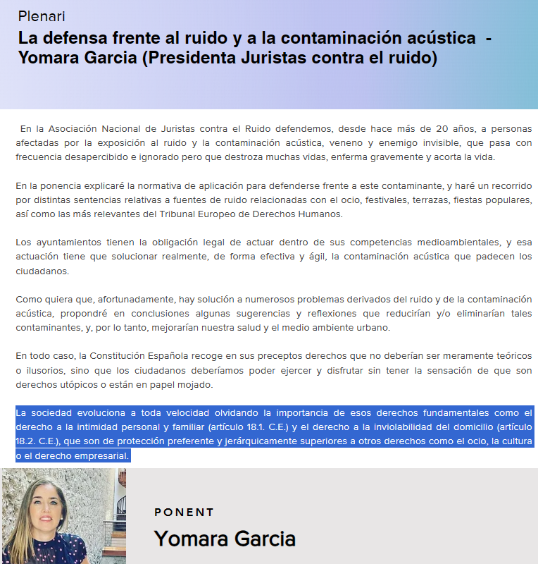 Dentro de las actividades del #DíaInternacionaldeConcienciaciónsobreelRuido destaca la ponencia de @Yomaragv, presidenta de @JuristasR  promotora de CCR2024, sobre la Defensa frente al #Ruido y la Contaminación Acústica📅 24 y 25 de abril, Manresa @acusti_cat 
#SSSoroll2024