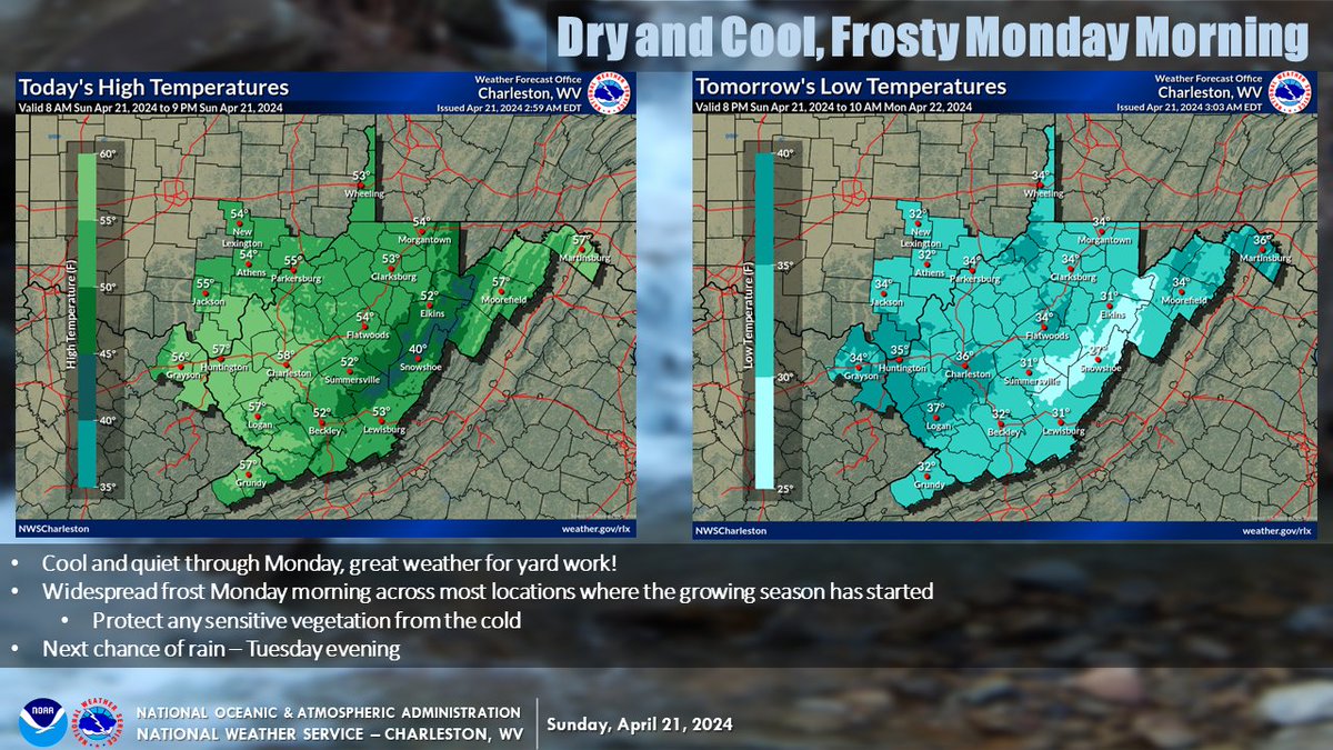 Another quiet weather day is expected today with widespread frost tonight. Take steps to protect any sensitive vegetation from the cold. Next chance for rain: Tuesday evening.