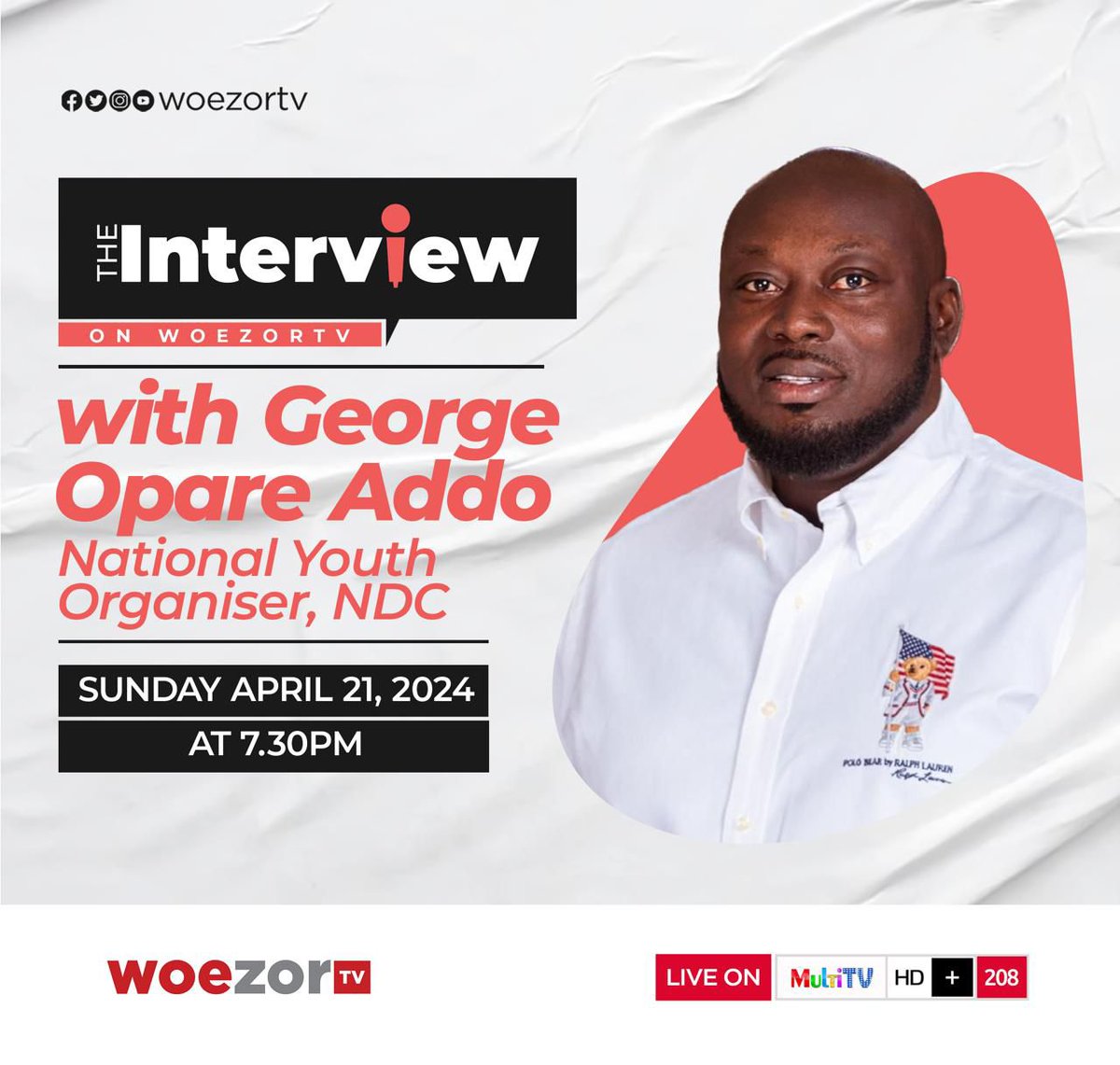 Later at 7.30 pm today, Randy Ahadzi hosts the National Youth Organiser of the opposition National Democratic Congress, George Opare Addo, on #theInterview on WoezorTV.