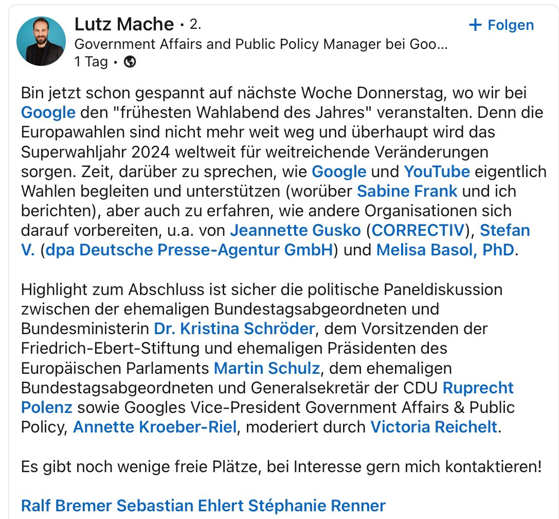 Bin gespannt auf den „frühesten Wahlabend des Jahres“ am Donnerstag (25.4.) bei Google. Ich werde dort mit Martin Schulz, Kristina Schröder und Annette Kroeber-Riel zum Thema „Das Super-Wahljahr in Zeiten von KI“ diskutieren.