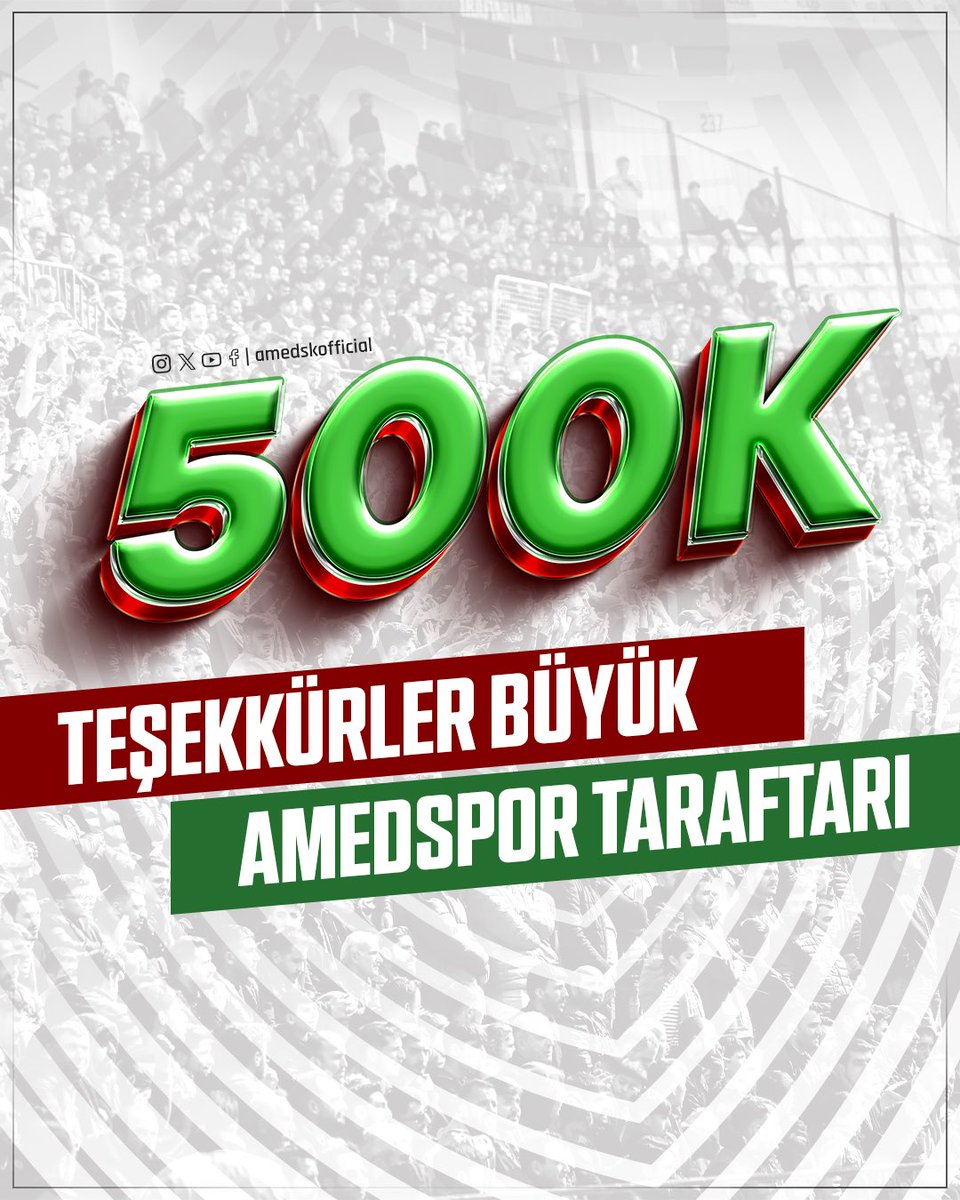 Teşekkürler Amedspor Ailesi! 😍 Taraftarlarımızın desteğiyle Amedspor resmi Instagram hesabı 500.000 kişiye ulaştı ve yeni sosyal medya kimliğimizle kısa sürede çok daha fazlasına ulaşmayı hedefliyoruz. Bu büyük ailede yer alarak kulübümüze verdiğiniz destek için minnettarız.…