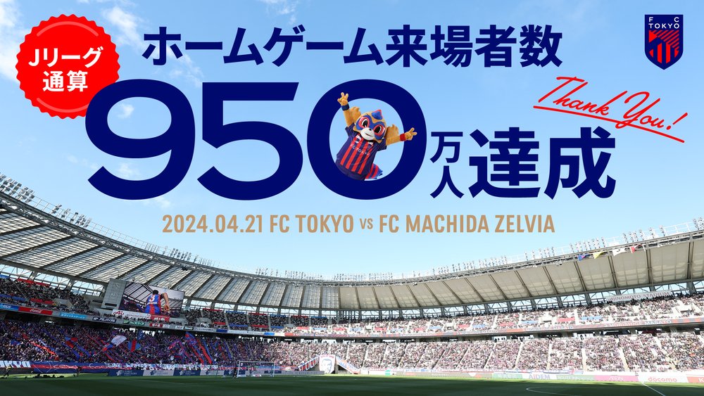 🔵Jリーグホーム通算来場者数950万人達成🔴 本日の #FC町田ゼルビア 戦で、Jリーグ通算来場者数950万人(ホームゲーム)を達成いたしました🔵🔴 fctokyo.co.jp/news/15882 日頃からご支援いただいております、ファン・サポーターをはじめとするFC東京に関わるすべてのみなさまに深く御礼を申し上げます。