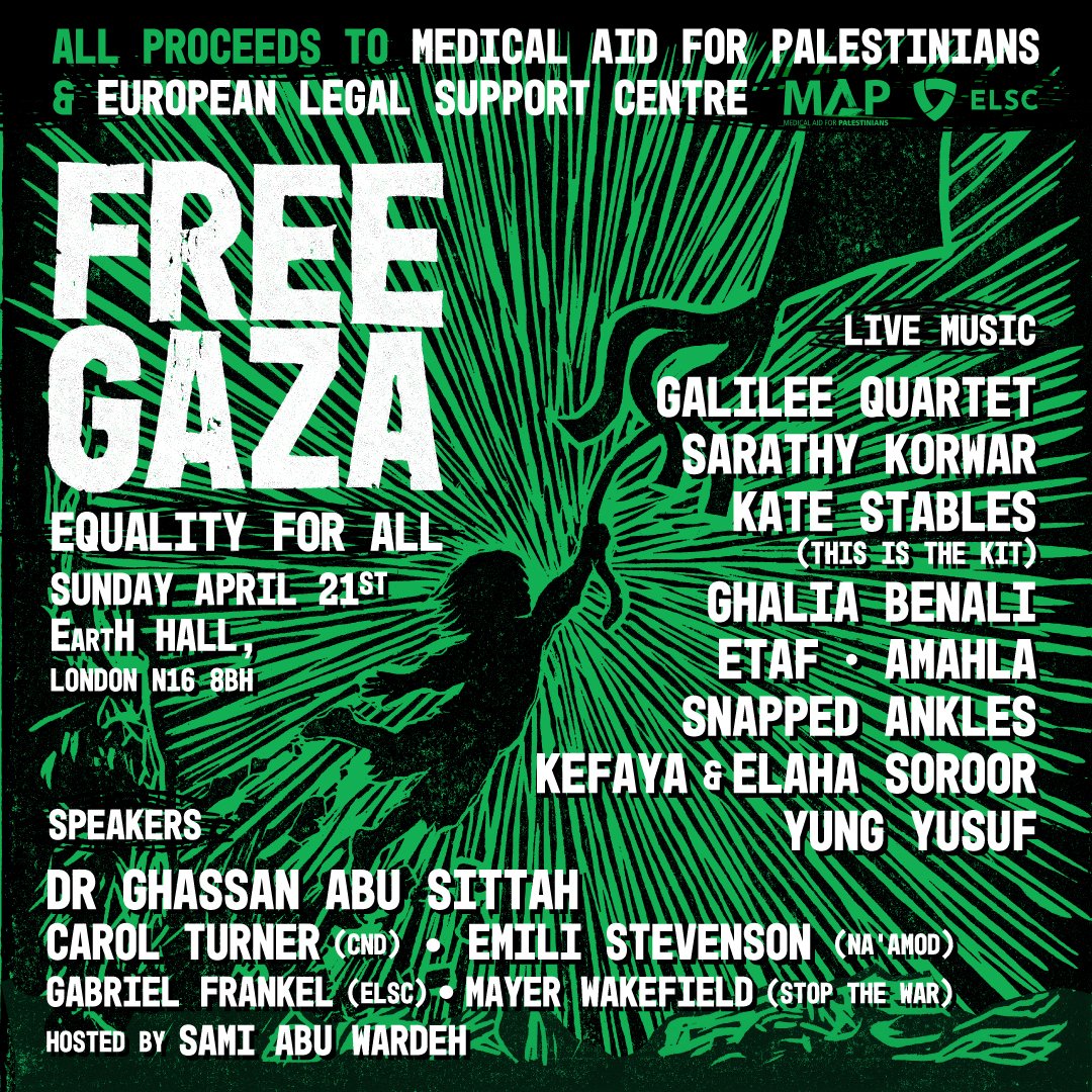 ✊ We're looking forward to being part of this event tonight! 🥁 An evening of live music and solidarity with Palestinians under attack in Gaza and Occupied Palestine, raising money for the vital work of Medical Aid For Palestinians and European Legal Support Center. 🎟️ Tickets