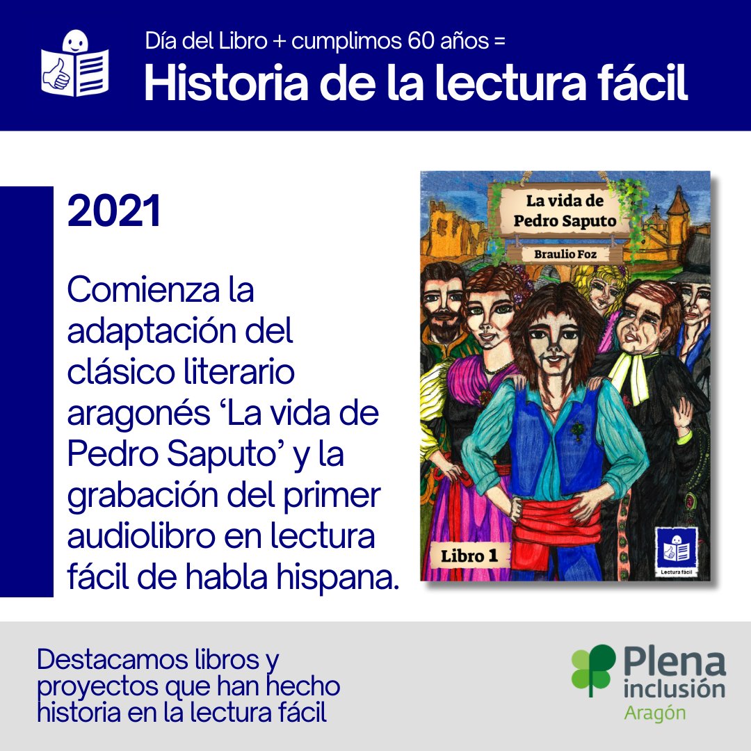 Celebramos el #DíaDelLibro recordando los hitos de historia de la #lecturafácil en Aragón 📚
🍀En 2021, @plenainclusionaragon comenzaba a adaptar el clásico literario aragonés ‘La vida de Pedro Saputo’ y la grabación del primer audiolibro en lectura fácil en español.
#plena60años