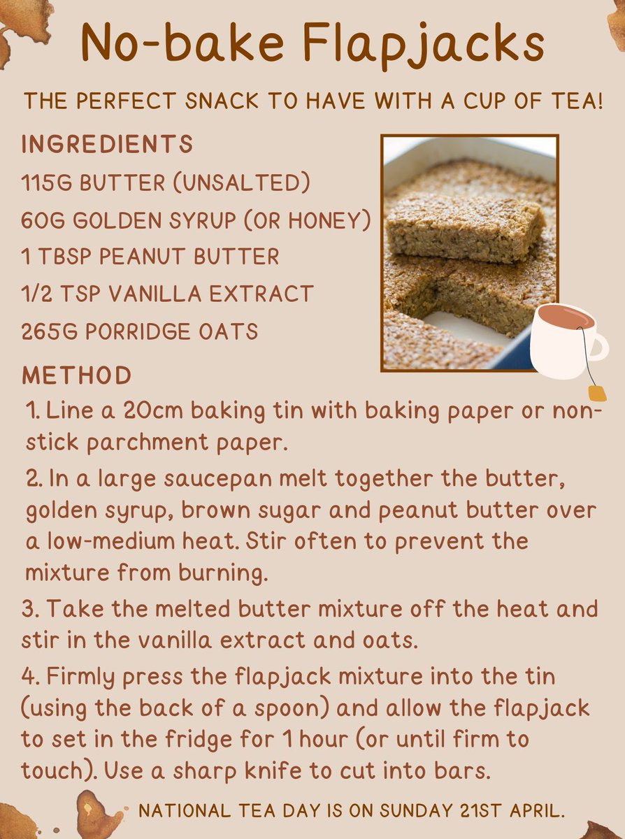 Today is #NationalTeaDay 🫖 

Here is a recipe for no-bake flapjacks, as featured in the April / May edition of the Braunstone Alert...We also have a National Tea Day event taking place next week, so keep an eye 👀 on our social media to see how it went! ⭐