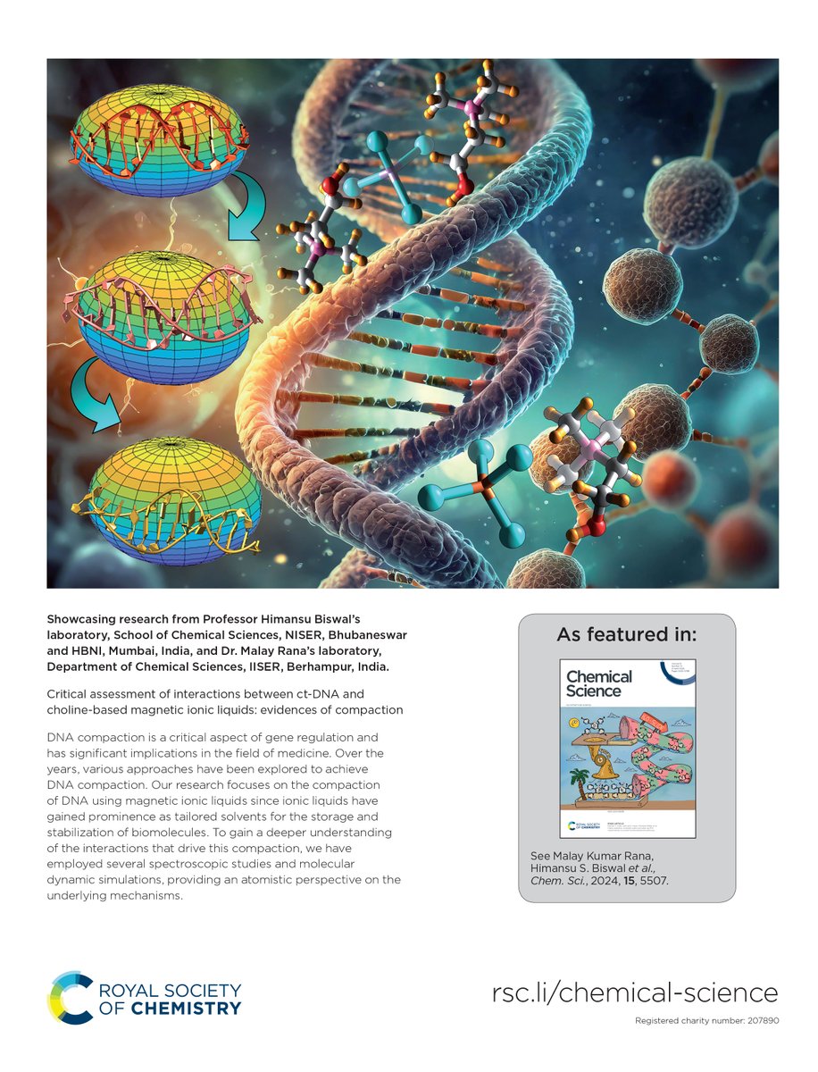 NEW in Chemical Science 📣

Critical assessment of interactions between ct-DNA and choline-based magnetic ionic liquids: evidences of compaction by Himansu S. Biswal, Malay Kumar Rana et al. 

🔗 doi.org/10.1039/D4SC00…

📌 #ChemSciCovers