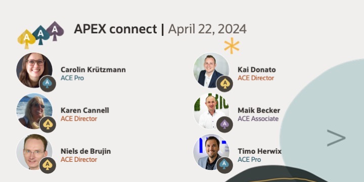 APEX connect by <a href="/DOAGeV/">DOAG e.V.</a> starts tomorrow! The three-day conference covers presentations, workshops, customer stories, and new features around APEX, PL/SQL and JavaScript. 👉

@carohagi @_kaidonato <a href="/thtechnology/">Karen Cannell</a> <a href="/beckerman_maik/">Maik Becker 🇺🇦</a> <a href="/nielsdb/">Niels de Bruijn 🌍</a> @Therwix

social.ora.cl/6019Zde7d
#OracleACE