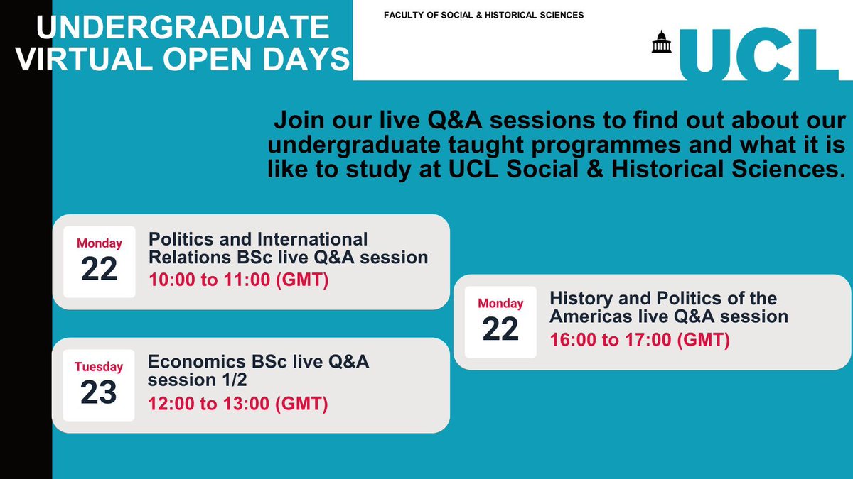 Our Undergraduate Virtual Open Days are underway in full swing👀 From tomorrow, we will be running live Q&A sessions for all our UG taught programmes. ➡️ Book your place now: buff.ly/4cnzUAt #UCLOpenDays @EconUCL @uclspp @UCLAmericas