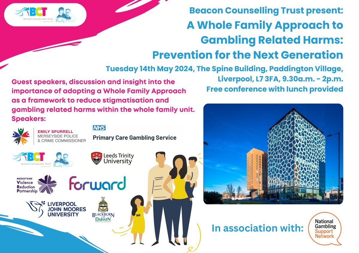 On Tuesday 14th May 2024 Beacon Counselling Trust are hosting a FREE gambling related harms themed event.

The event will take place at the Spine Building in Liverpool and you can register to attend the event at the link below:

bit.ly/4aZPQaG