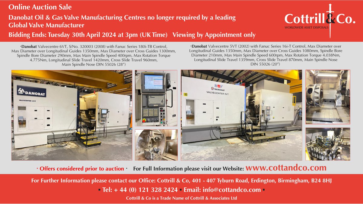 📆 Online #Auction Sale - 30 April 2024 - Danobat Oil & Gas Valve Manufacturing Centres no longer required by a leading Global Valve Manufacturer #cnc #EngineeringUK #engineering #ukmfg #usedmachines #manufacturinguk #manufacturing

Link to Auction: cottandco.com/en/lots/auctio…