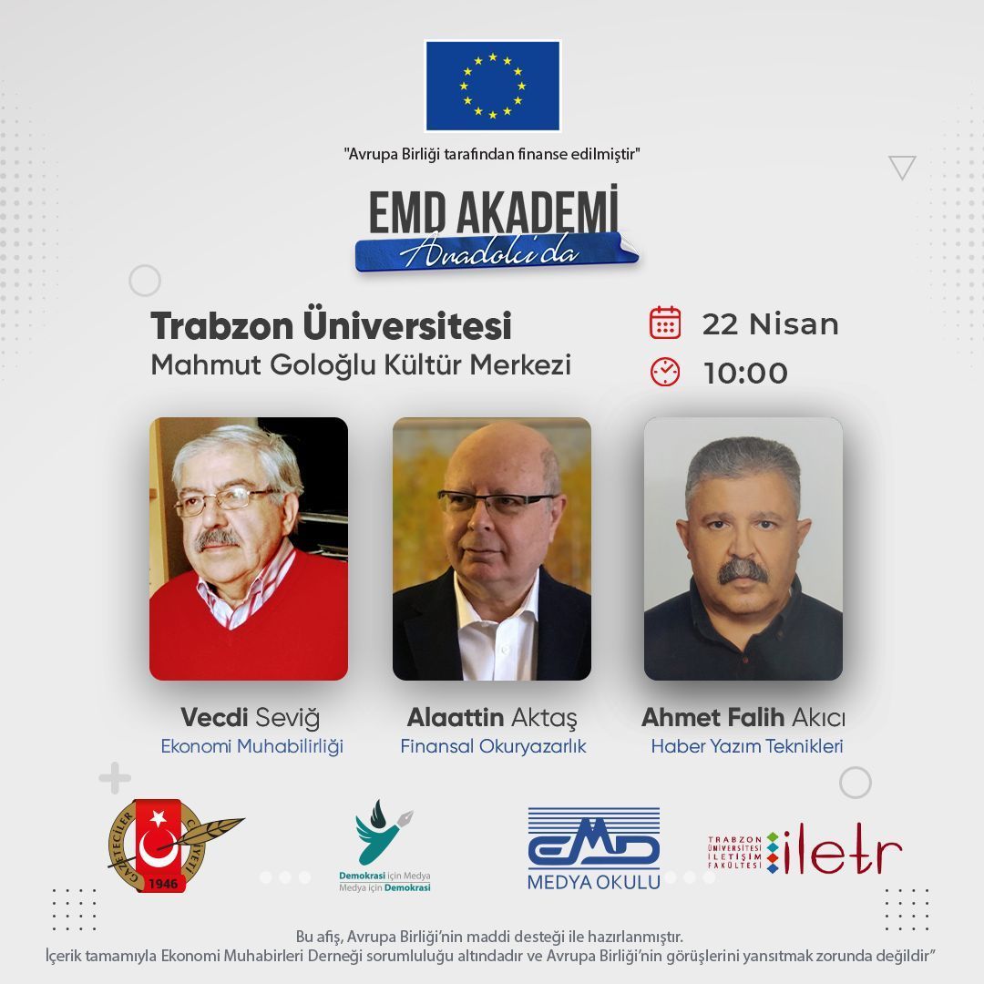 emdakademi's tweet photo. EMD Akademi Anadolu projesi kapsamında usta gazetecilerle buluşma fırsatını kaçırmayın!

👥 Konuşmacılar:
1️⃣ Vecdi Seviğ - Ekonomi Muhabirliği
2️⃣ Alaattin Aktaş - Finansal Okuryazarlık
3️⃣ Ahmet Falih Akıcı - Haber Yazım Teknikleri https://t.co/eg7JAfWvDJ