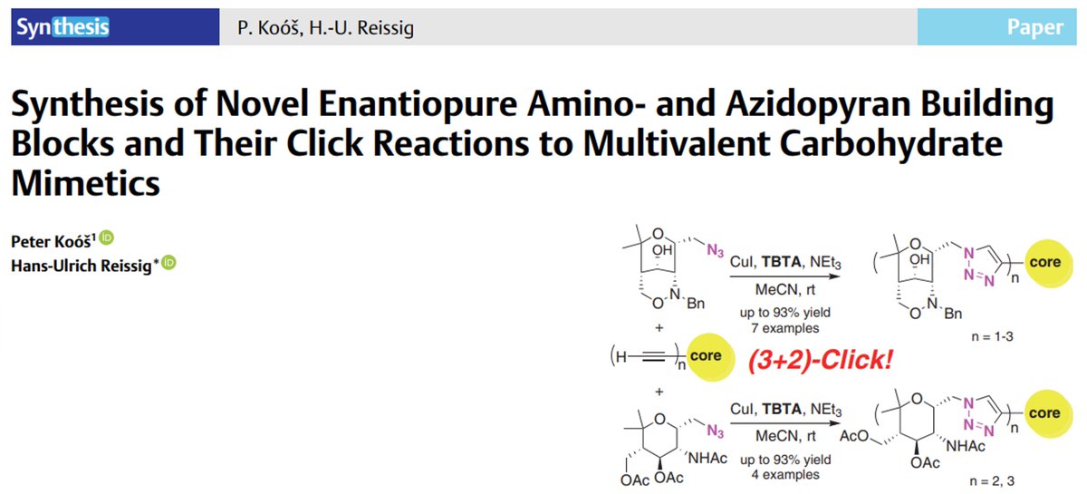thiemechemistry's tweet photo. 3+2 click! Explore the synthesis of enantiopure amino- and azidopyran building blocks, along with their click reactions to multivalent carbohydrate mimetics by Peter Koóš and Hans-Ulrich Reissig @FU_Berlin
👉 https://t.co/DIEbKmOeRI
#clickreaction #coppercatalysis https://t.co/PUxJ0d0YOE