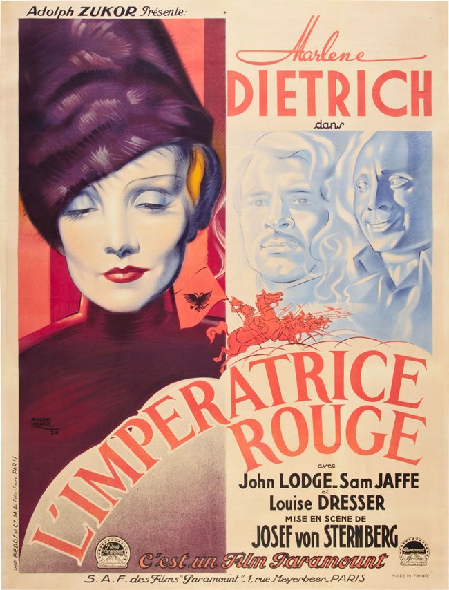 French film poster for THE SCARLET EMPRESS (1934). Poster design by Roger Vacher.