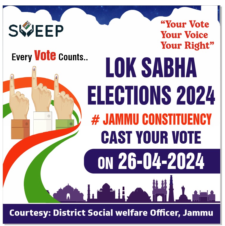 Every vote counts... Lok Sabha elections 2024. #jammuconstituency Cast your vote on 26-04-2024. #sveep Your vote is your voice and right. Courtesy: District social welfare officer, jammu @OfficeOfLGJandK @dmjammuofficial @ECISVEEP