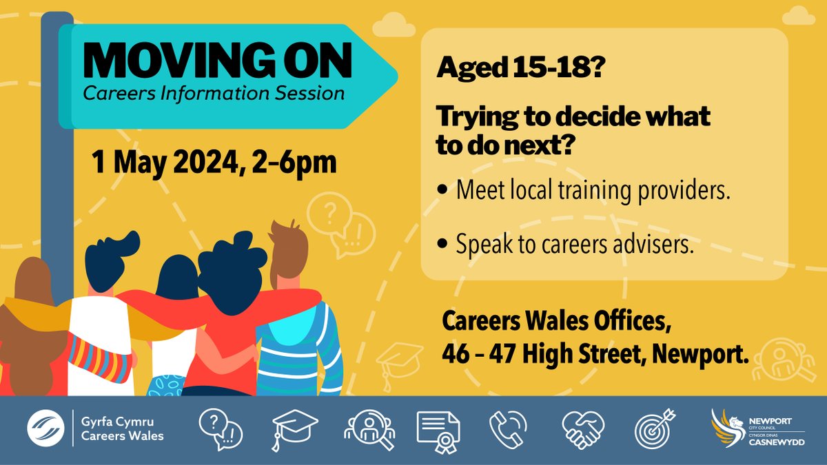 Do you know someone aged 15-18 who is trying to decide what to do next? Come along to our Moving On careers event to meet with local training providers and speak to careers advisers for advice and support 📅 1 May, 2 - 6pm, Careers Wales offices, Newport ow.ly/SHAs50RhRN4