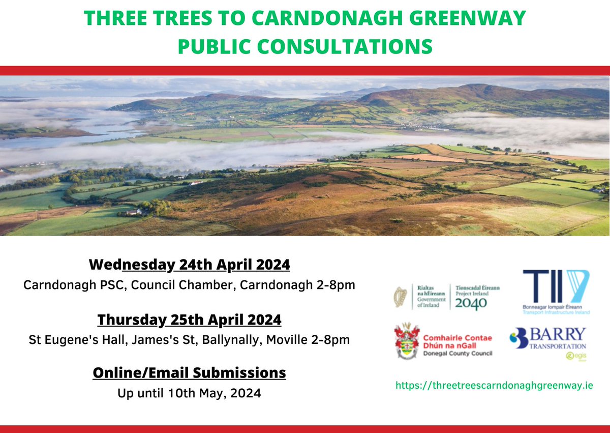 Donegal County Council with the support of @TIINews invite interested parties to participate in the first non-statutory public consultation for the Three Trees to Carndonagh Greenway. Full details - ow.ly/rh6h50RgTrZ #Donegal #YourCouncil