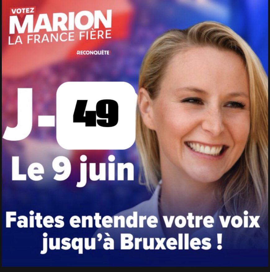 Le 9 juin Pas une voix ne doit manquer à @MarionMarechal Elle compte sur nous! Ce n’est : 📍Ni un vote sanction 📍Ni une élection de mi-mandat 📍Ni un référendum Comme certains veulent nous le laisser croire #AvecMarion #LaFranceFière