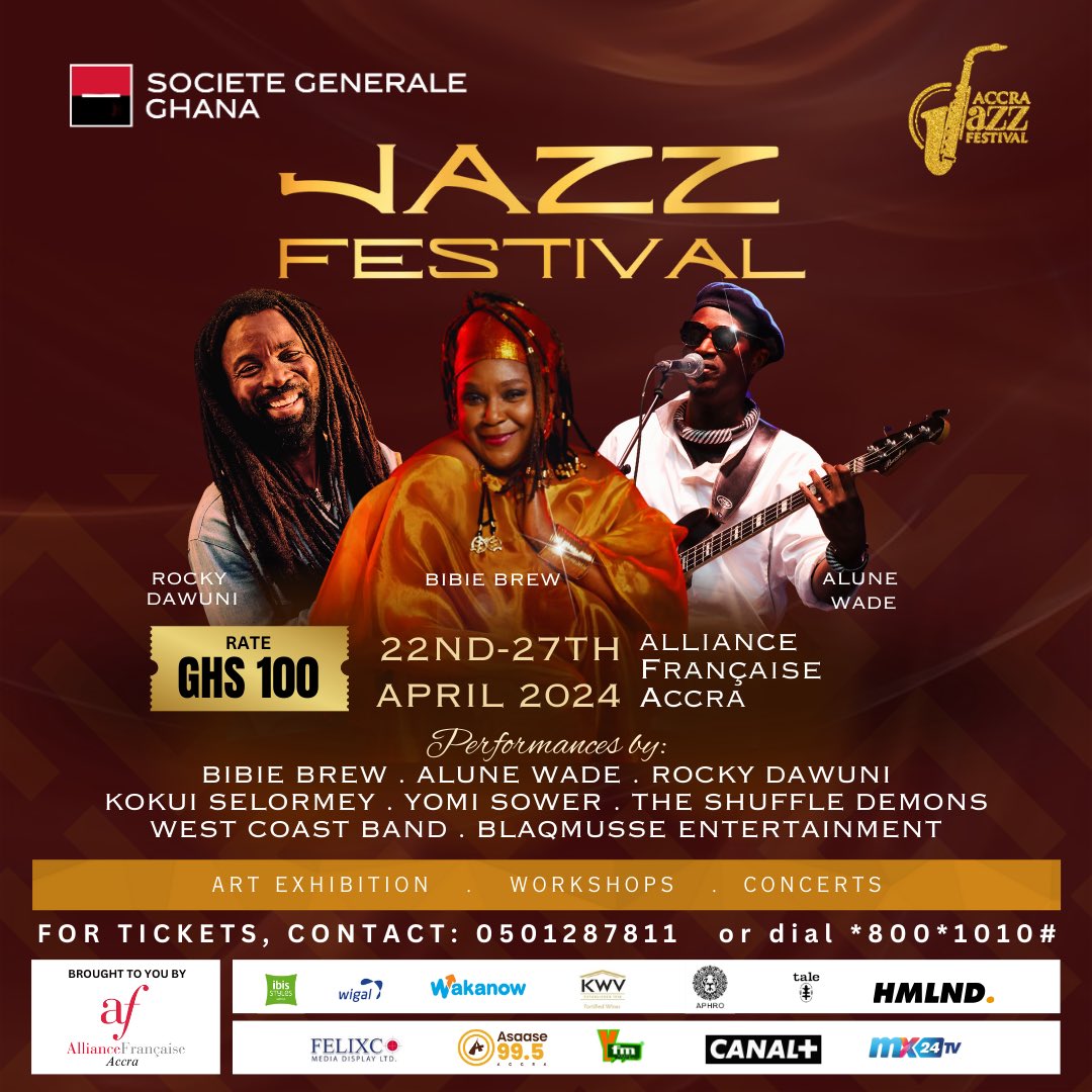 Attention Jazz Lovers! The @SG_Ghana Jazz Festival starts tomorrow, April 22 to Saturday, April 27 at the Alliance Française Accra @AF_Accra. Let’s meet there and enjoy some good good music 😊 #SGJazzFestival