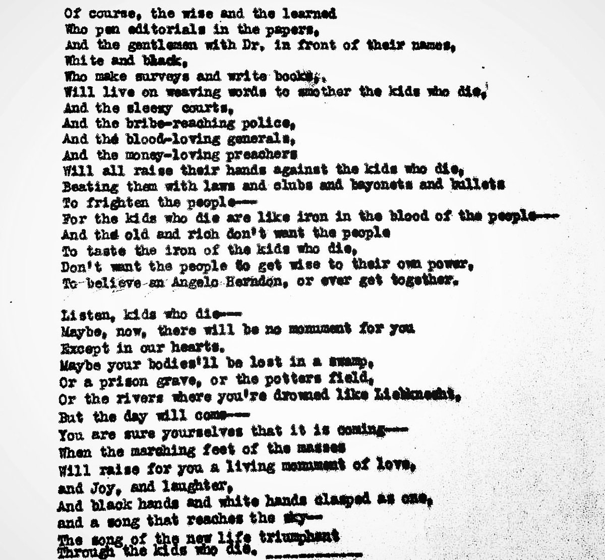 “KIDS WHO DIE.” 🧵🪡 I came across this online, it’s from Langston Hughes’s own papers. Langton Hughes wrote it in 1938 - but it feels like he wrote it in 2024. 1/7