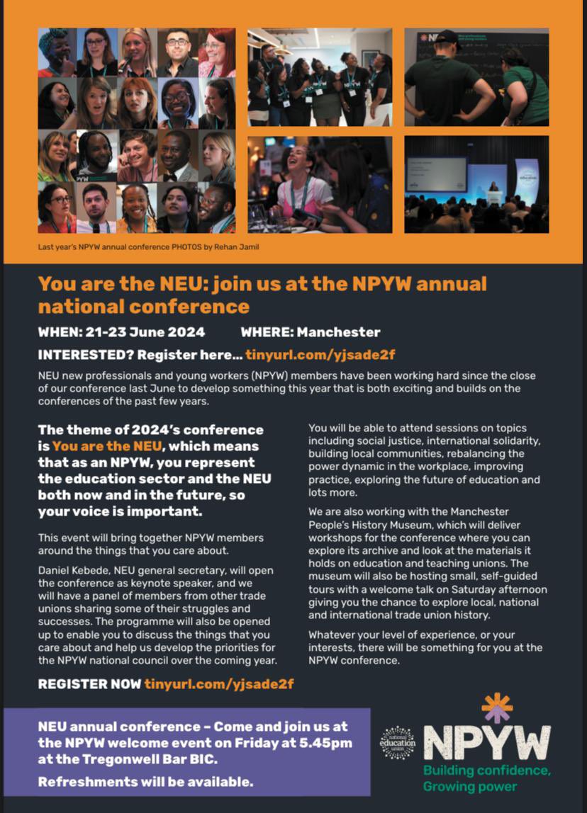 NEU_NPYW's tweet image. ⏰ NEU NPYW Conference time is coming. Get you and your new professional young worker friends registered to attend in June. We can’t wait to see you in Manchester. Register now ⬇️
tinyurl.com/yjsade2f