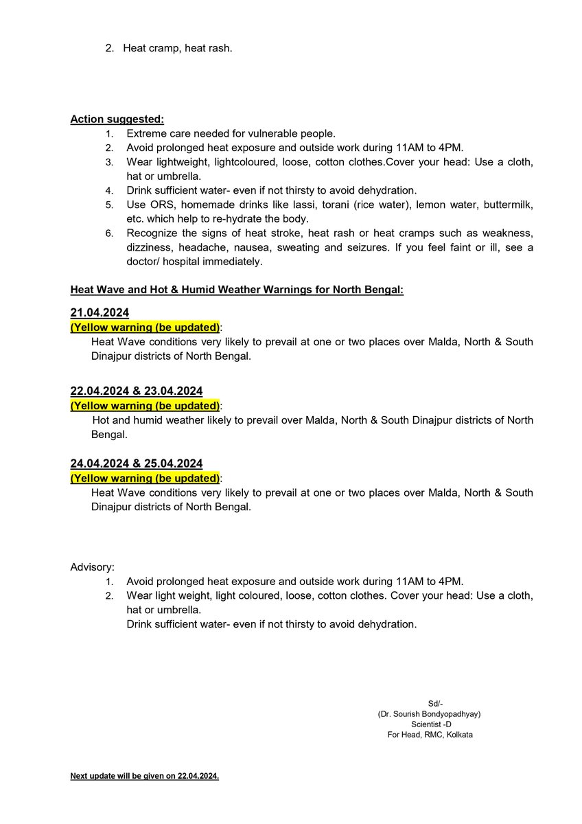 ImdKolkata's tweet photo. #Special Bulletin-07 : #Heatwave #Warning over the districts of #WestBengal  during 21st – 25th April, 2024. https://t.co/z86FjoWmtT