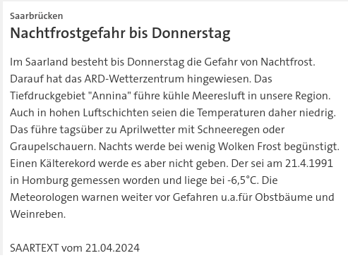 #SKK20240421 #SAARTEXT #Saarland #Nachtfrost #Wetterzentrum #Meteorologie #Kälterekord #Obstbäume