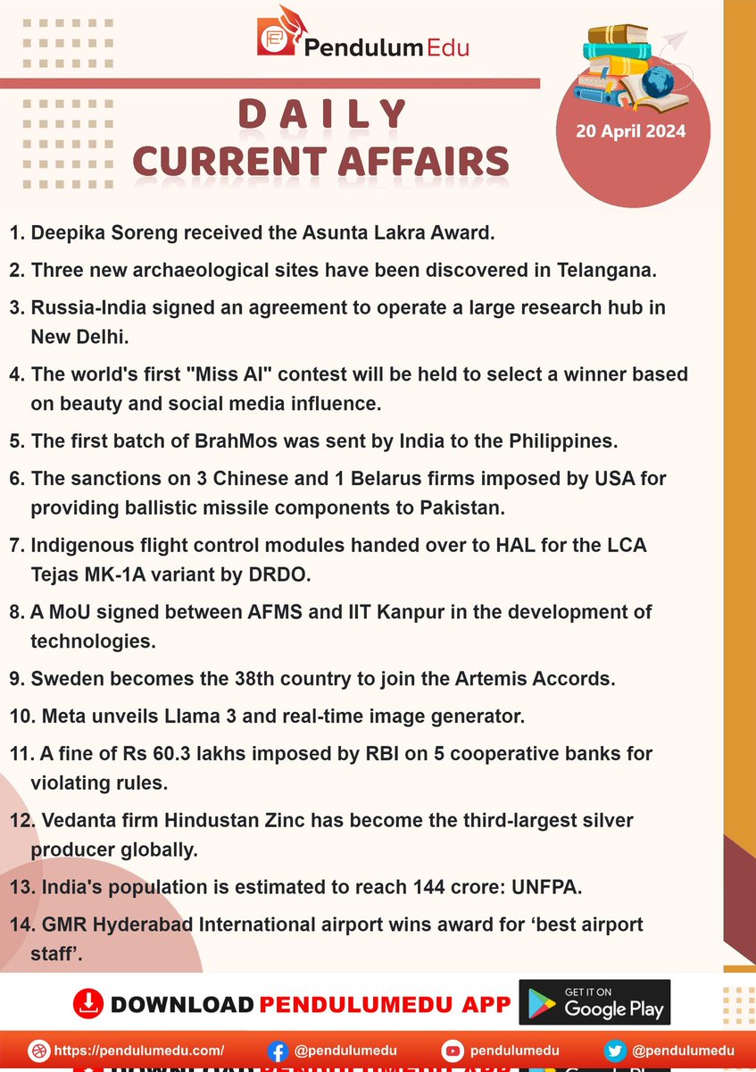 🌹Current Affairs🌹 Here 👇👇 is the important Current Affairs of 20th April, 2024. #UPSC #TSPSC #APPSC #KPSC #RPSC #GPSC #NPSC #TNPSC #CurrentAffairs #April #GS (Data courtesy: #PendulumEdu)