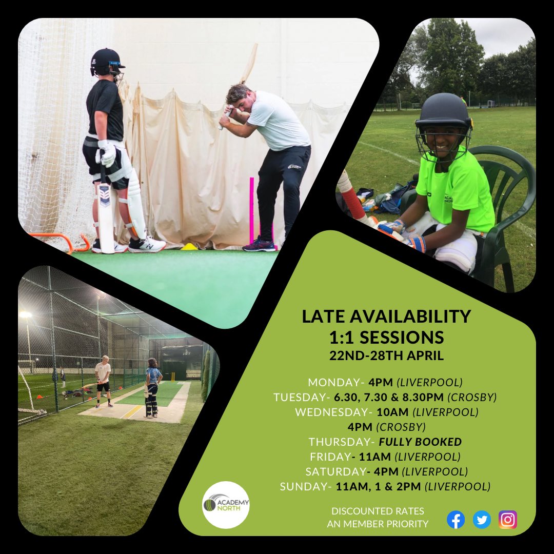 🏏 last minute 1:1 availability for the upcoming week 🏏 sessions discounted with priority to AN members