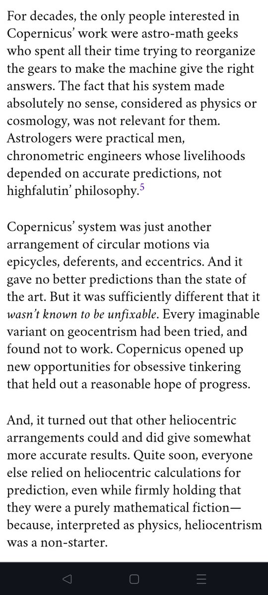 From @Meaningness: For decades after Copernicus's work, heliocentric models of the solar system were considered mere mathematical curiosities that made calculations simpler. Actual physical heliocentrism was not considered viable metarationality.com/remodeling