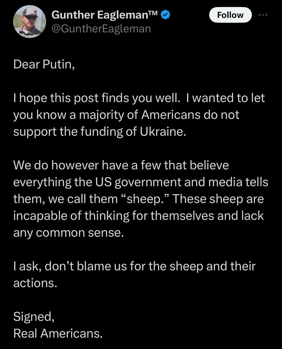 @MeidasTouch
@GuntherEagleman a vast majority of Americans like me SUPPORT FUNDING UKRAINE AS THE US PROMISED when we had them give up their nukes. IT'S YOU MAGA KREMLIN SHEEP who're in the minority as you whiningly apologize to overlord Putin.
REAL RED WHITE & BLUE AMERICANS!