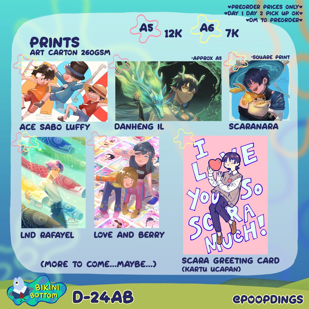 poopding's tweet photo. [RTs appreciated!]

🍮OPENING MY #CF18 PREORDERS :0🍮

📅PO: 21-29 April (around 1 week HH)
🤝Pick up orders ONLY (D1D2)
📍Booth: D24 Bikini Bottom
👾fandom: love and deepspace, genshin impact, HSR, One Piece, haikyuu, zelda, etc
💌DM to order! (i dont bite! i suck at forms :'D) https://t.co/BpOhURmfa3