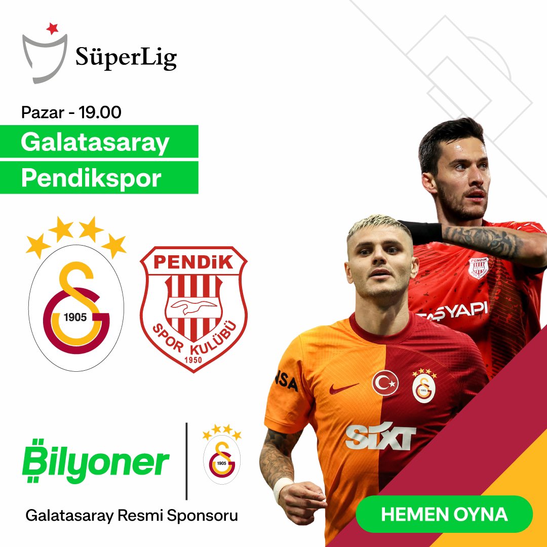 🇹🇷 Süper Lig'de lider Galatasaray, ligde kalma savaşı veren Pendikspor'u konuk ediyor! Bilyoner'de Hemen Oyna ➡️ bit.ly/Bilyoner_Futbol
