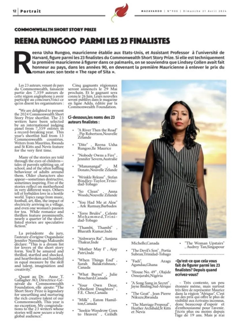 Bravo <a href="/RungooUsha/">Reena Usha Rungoo</a> — a big boost for anglophone literature from the Indian Ocean region. 

Excited your words found home in the readers and judges of the Prize

Next we will read you either on addastories.org🤩or Granta!!! Enjoy the ride