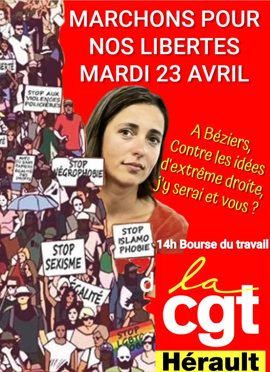 Marchons pour nos #libertés et contre les idées de l’extrême-droite le 23 avril à 14h à #Béziers !
@BinetSophie @SergeRagazzacci
@lacgtcommunique @UnionCgt @UnionCgt @CgtChu @CGTUM3
@CGTEduc34 @SNTRSCGT_INSERM
@CgtTam34 @CheminotsCgt
@CgtEnergie34 @SFA_CGT
@CgtFaptOrange @scum34