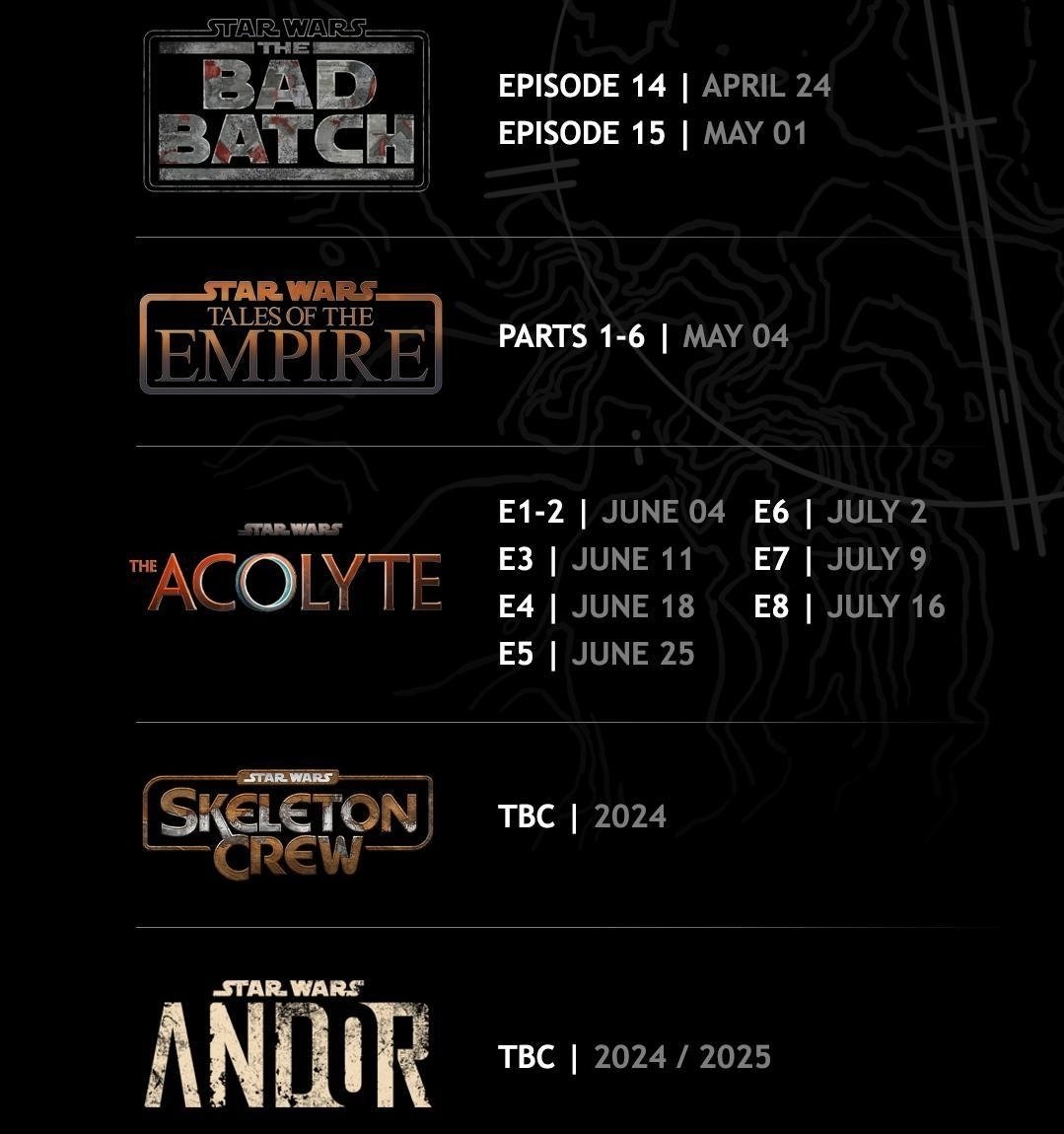 STAR WARS shows for 2024 ✨️

Skeleton Crew & Andor S2 TBC

#StarWars #TheBadBatch #TalesOfTheEmpire #TheAcolyte #SkeletonCrew #Andor