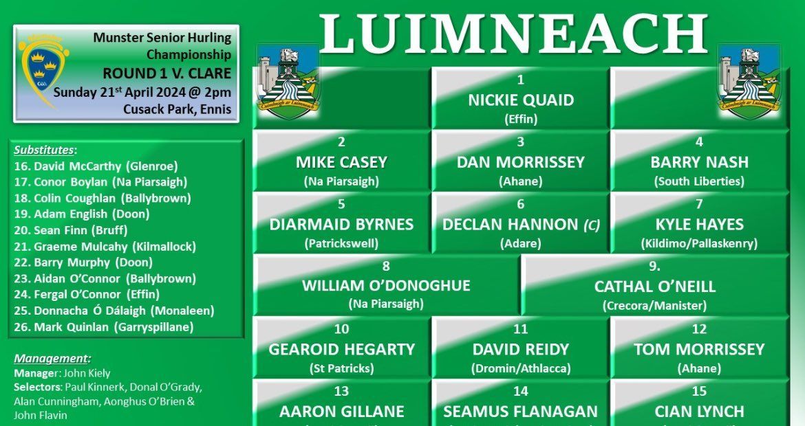 Best wishes to David, Markie and all the Limerick Senior Hurling team in Round 1 of the Munster Championship in Ennis today🤞🏻🤞🏻🤞🏻 We are all looking forward to it👍🏻 Munster hurling + sunny day = Happy😃 @LimerickCLG @GarryspillaneGA @GlenroeGAA