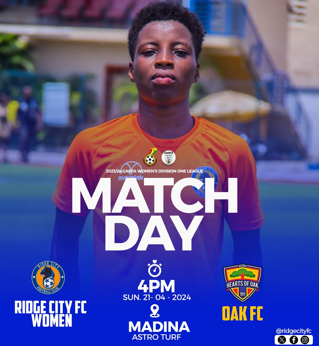 𝗠𝗮𝘁𝗰𝗵𝗱𝗮𝘆! 𝗕𝗮𝗰𝗸 𝗔𝗴𝗮𝗶𝗻! 🙌🏿 🆚 Oak FC ⏰ 4pm 🏟️ Madina Astro Turf 🏆 Women’s Division One League 𝗖𝗼𝗺𝗲 𝗖𝗵𝗲𝗰𝗸 𝗨𝘀 𝗢𝘂𝘁! #RCFCW 💛💙