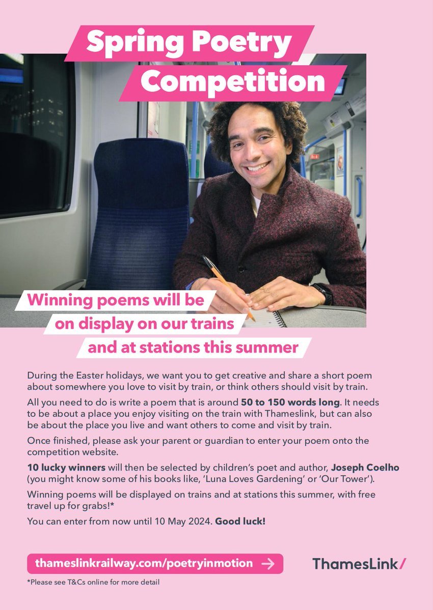 A children's poetry competition from @TLRailUK Write a poem to encourage people to visit Strood by train for a chance to have it displayed on trains and at stations across the Southern, Thameslink & Great Northern network this summer Age 5 - 13, info⬇️ kentcrp.org/thameslink-rai…