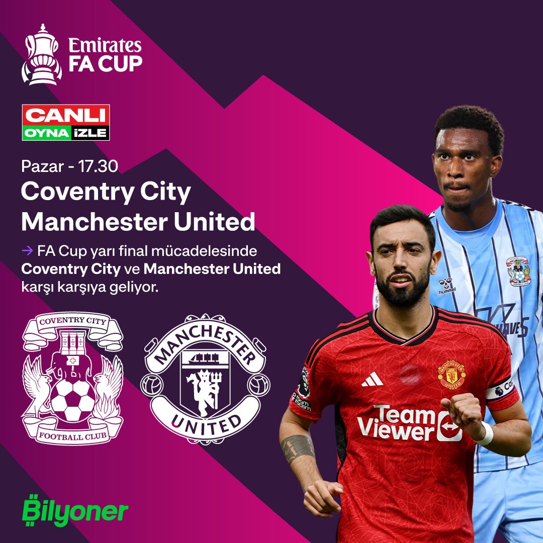 🏴󠁧󠁢󠁥󠁮󠁧󠁿 #FACup'ta Coventry City ve Manchester United, finalde Manchester City'nin rakibi olmak için karşı karşıya geliyor! Bilyoner'de Hemen Oyna ➡️ bit.ly/Bilyoner_Futbol