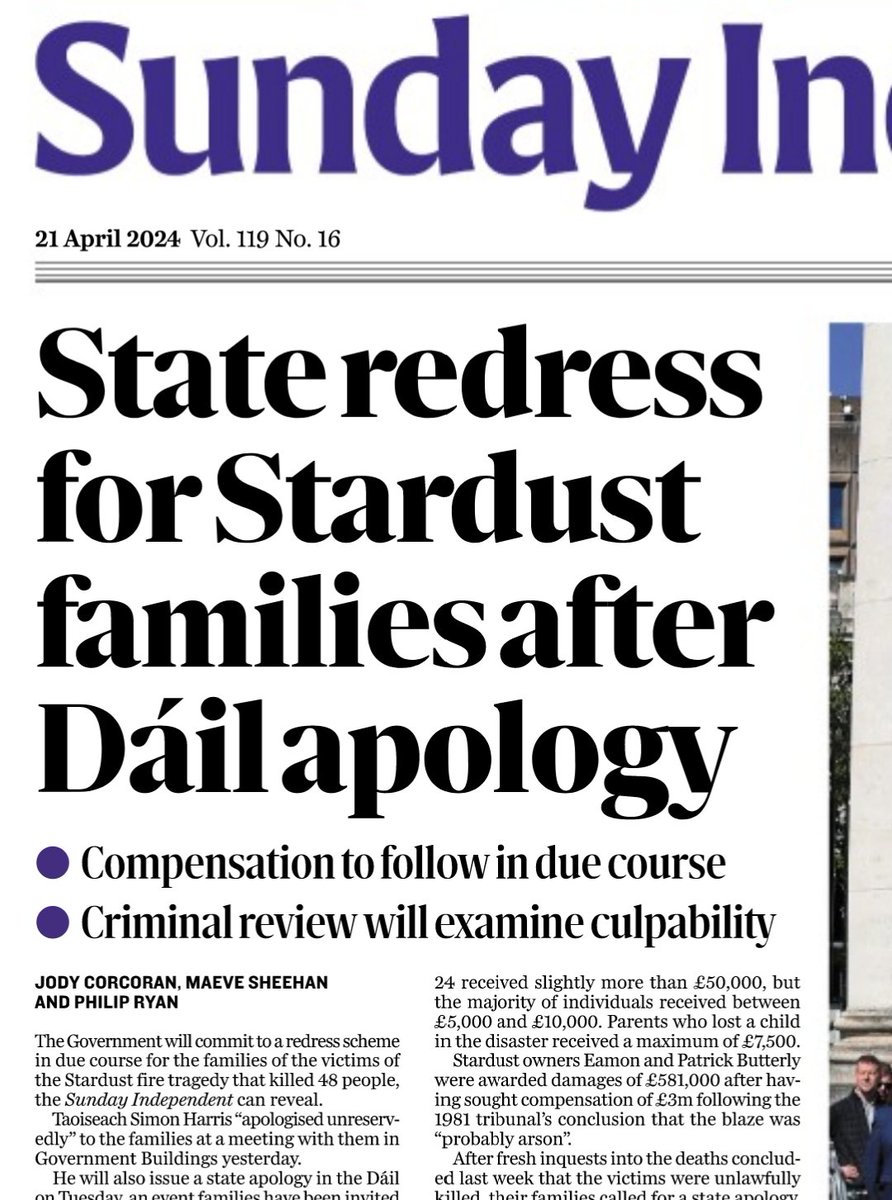 It's good to hear talk of State redress for the Stardust families who faced a monumental battle for justice. I just hope this redress scheme is better than the obscene shambles that is the mother and babies scheme which leaves thousands behind.