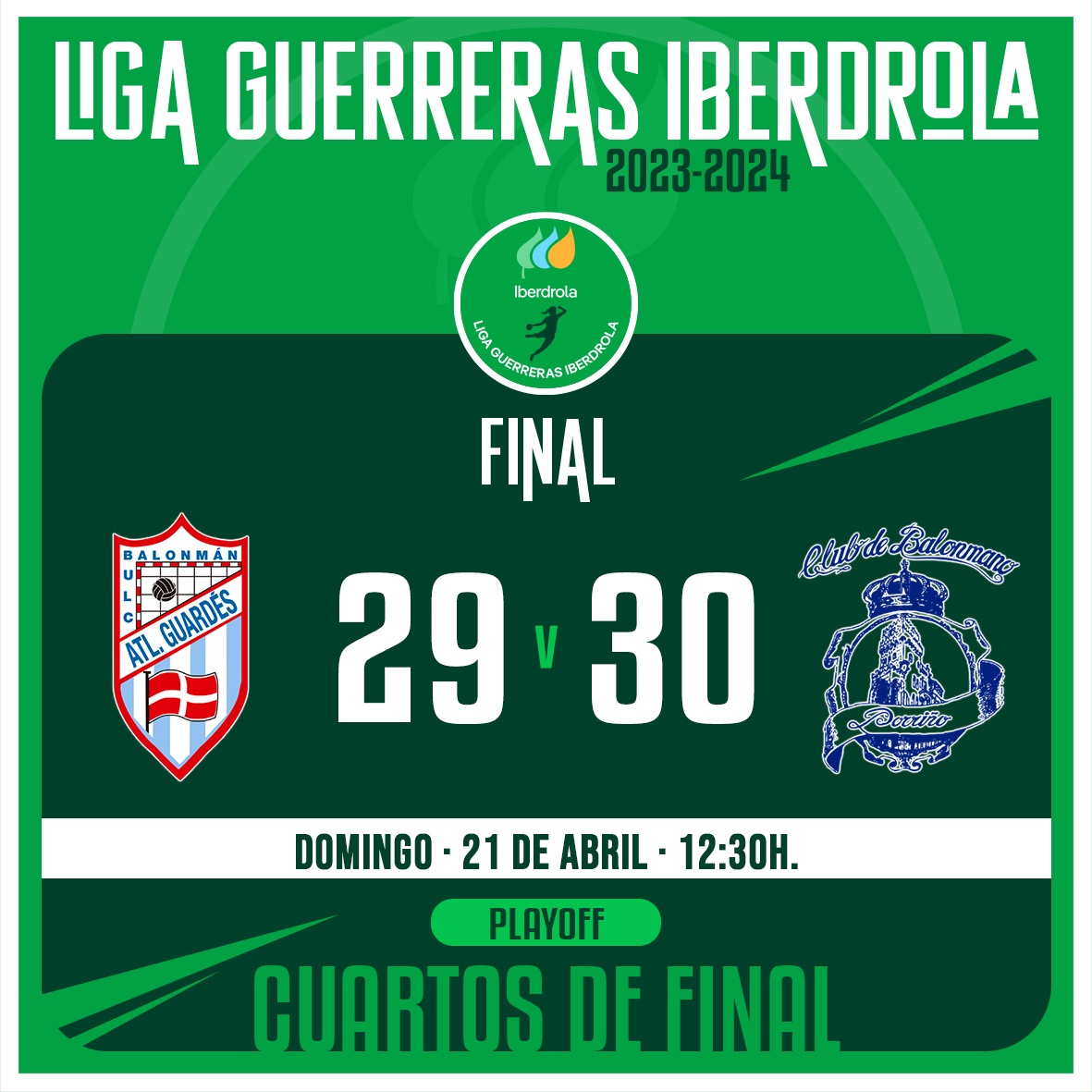 🏆 #LigaGuerrerasIberdrola
📌 Ida - Cuartos de final
⏱️ 60' Final

🆚 @Atlguardes_ofic 29:30 <a href="/BmPorrino/">Club Balonmán Porriño</a>

📊 Estadísticas 👉rfebm.com/competiciones

#⃣ #SheLovesHandball