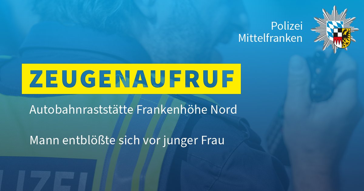 Ein bislang unbekannter Mann trat am Samstagnachmittag (20.04.2024) einer jungen Frau in schamverletzender Weise im Bereich der #Rastanlage Frankenhöhe Nord an der #A6 entgegen. Die Kriminalpolizei Ansbach bittet um #Hinweise zum Täter. ▶️ polizei.bayern.de/aktuelles/pres…