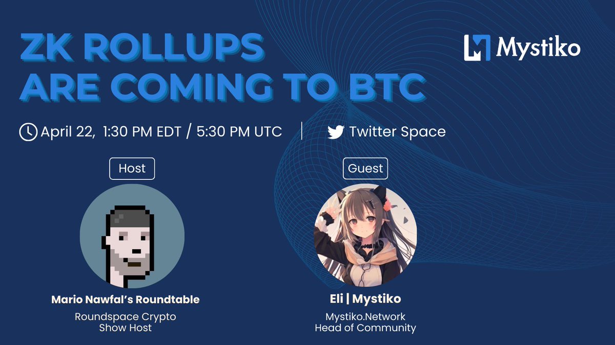 😇Join us this Monday for a Space at @RoundtableSpace 🎉Mystiko Universal ZK SDK is set to revolutionize how we interact with every Blockchain, and the next stop: Bitcoin! ⏰April 22, 1:30pm EDT/5:30pm UTC 👇Set your reminders x.com/i/spaces/1brkj… #btc #zk #mystiko #Web3