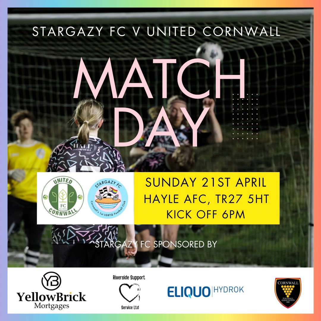 Today’s the day!! It’s Match day and the sun is shining 🎉🎉🎉 we can’t wait to play against United Cornwall again tonight, come on down and show your support, kick off is 6pm and drinks are available to purchase at the bar.  #stargazyfc #lgbtqfootball