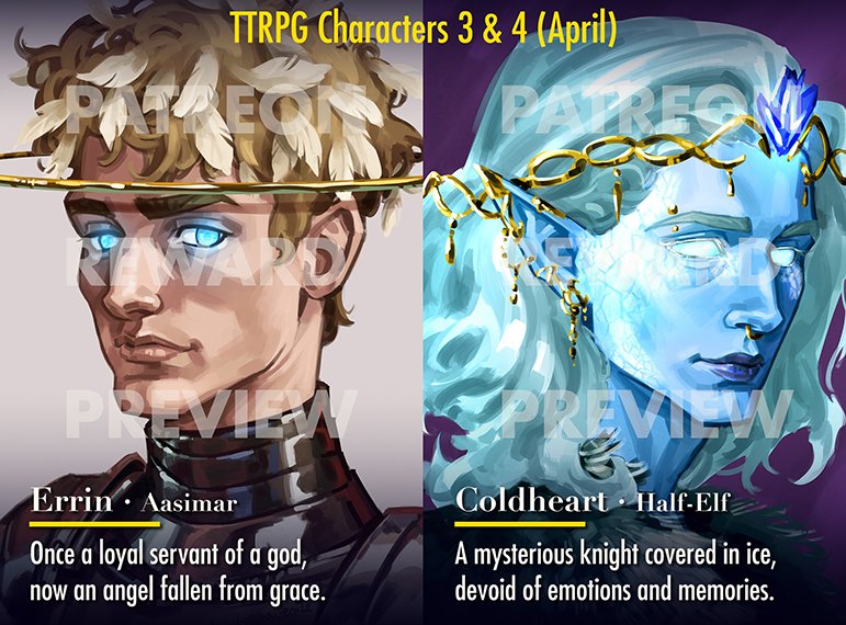 April's two characters are available on my P4tre0n! An aasimar tempted by a devil and a frozen half-elf whose personality becomes a completely different person at night! Get art and lore to use in your #ttrpg games as a player or NPC! #dnd #art 🖇 in mi profile's bio!