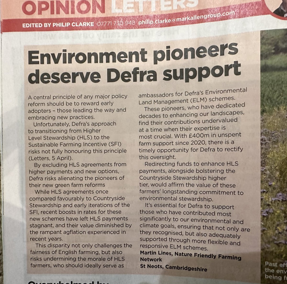 Pleased to see my letter in @FarmersWeekly. Around 7000 farmers who are currently in old HLS agreements that have not seen the payment rates increased to match the SFI payments this year. With costs going up @DefraGovUK needs to act fast to address this to support these farmers