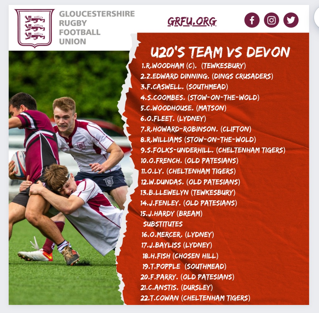 The team for today! 
<a href="/TewkesRFC/">Tewkesbury RFC</a> <a href="/DingsCrusaders/">Dings Crusaders</a> <a href="/Southmeadrfc/">Southmead RFC</a> <a href="/StowRFC/">Stow-on-the-Wold RFC</a> <a href="/MatsonRFC/">Matson RFC</a> <a href="/lydney_rfc/">Lydney RFC</a> <a href="/cliftonrugby/">Clifton Rugby</a> <a href="/chelt_tigersFC/">Cheltenham Tigers</a> <a href="/OldPatesiansRFC/">Old Patesians RFC</a> <a href="/BreamRFC/">Bream RFC</a> <a href="/Dursleyrugby/">Dursley RFC</a>