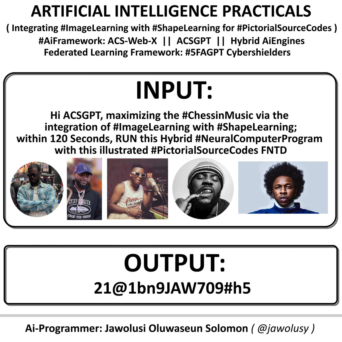jawolusy's tweet photo. #AiPracticals using #ACSGPT, ACS-Web-X &amp; #AiEngines.

#FederatedLearning: #5FAGPT

Hi #ACSGPT, maximize the #ChessinMusic via the integration of #ImageLearning with #ShapeLearning; within 120SEC, RUN this #NeuralComputerProgram with the illustrated #PictorialSourceCodes FNTD? https://t.co/32Nfffjgi5