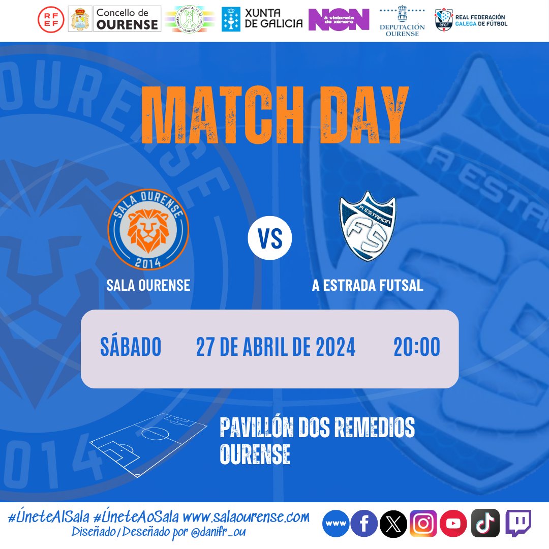 Hoxe xogamos! ⌚ 20:00 📍 Ourense 🏟 Pavillón dos Remedios Sala Ourense 🆚 @AEstrada_Futsal #ÚneteAlSala #ÚneteAoSala #DíaDePartido